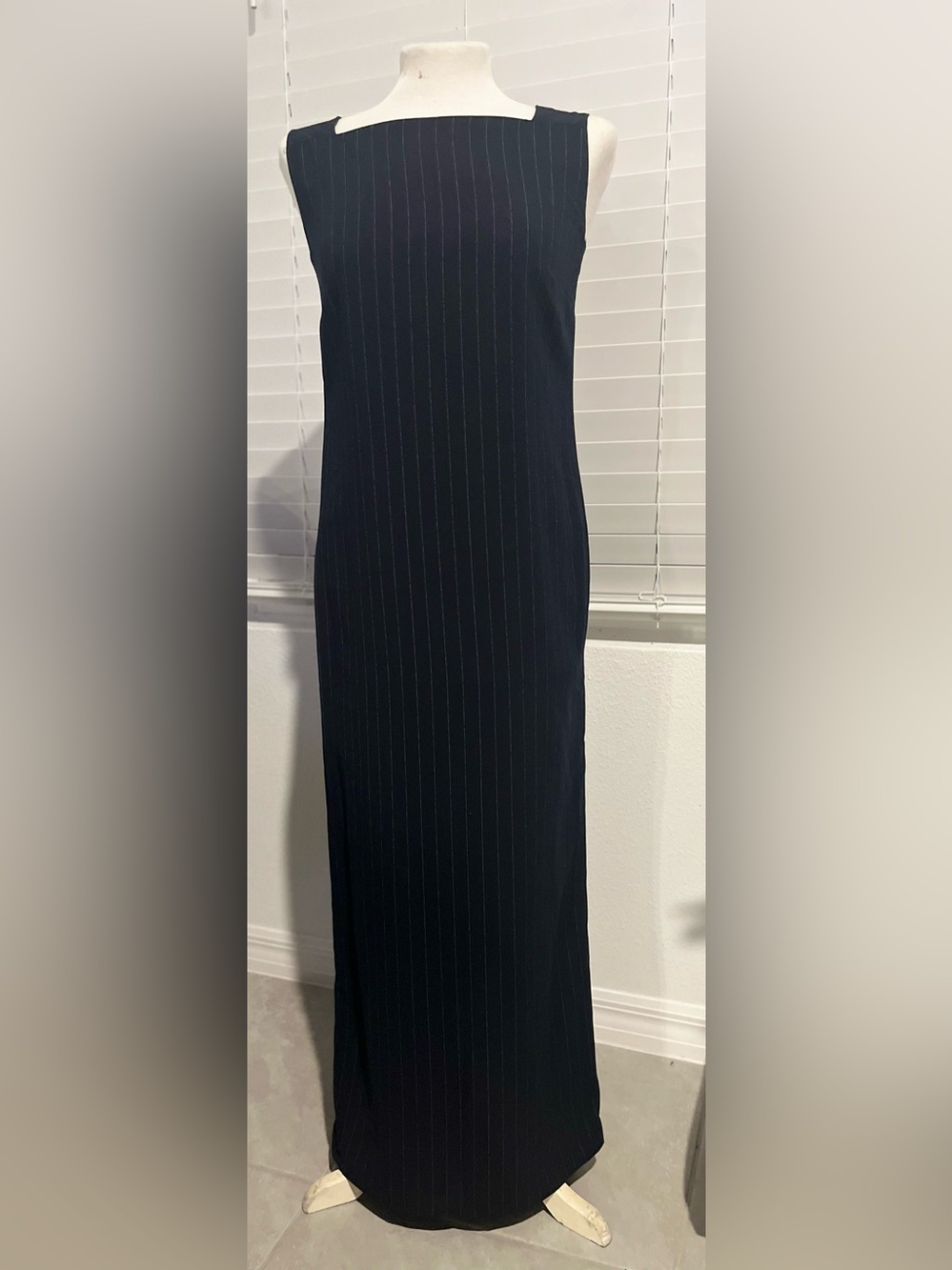 Vintage 90’s Women's Navy Pinstripe Maxi Dress
